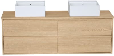 Vente-unique Hangmeubel voor badkamer met dubbele wastafel om erop te plaatsen in keramiek - Eikenfineer - 150 cm - MILIPAM