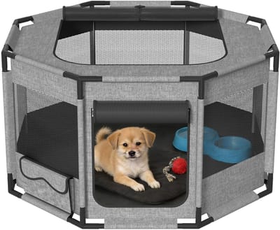 ACXIN Puppyren - Oxford Stof - Ademend Net met Ritssluiting & Zijvak - Indoor Hondenren en Kattenren - Achthoekig - Maat L 113.5x113.5x60cm