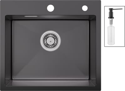 SOFETIY MAX Spoelbak voor keuken 50 x 45 cm - Spoelbak Keuken Met Zeepdispenser - Wasbak Keuken met waterafvoersysteem - Keukenwasbak voor Inbouw- of Bovenmontage - Antraciet