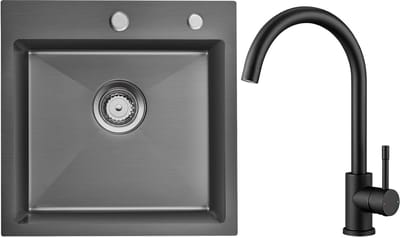 Auralum max Spoelbak voor keuken 45x45cm Antraciet - Spoelbakken Keuken Met Keukenkraan - Wasbak met waterafvoersysteem - RVS