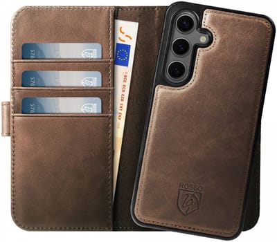 Rosso Elite Hoesje Geschikt voor Samsung Galaxy S23 FE | Compatibel met MagSafe | Book Case en Back Cover | Magnetisch Uitneembaar | Echt Leer Beschermhoes met Pasjeshouder | Bruin