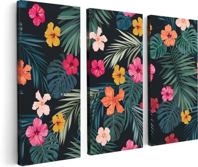 Artaza Canvas Schilderij Drieluik Getekende Tropische Bloemen - Abstract - 120x80 - Foto Op Canvas - Canvas Print