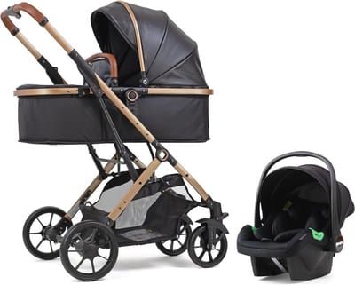 3 in 1 Wandelwagen Triosysteem voor Kinderen - Autostoel en Accessoires (Goud/Zwart, 10" Wiel)