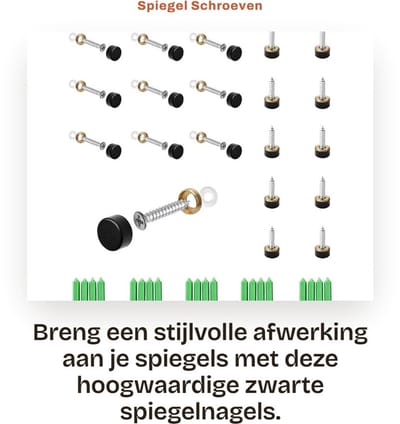 Dailygoods- Spiegel met Verlichting - Decoratieve Plakspiegel - Zwarte Spiegelschroeven - Messing Bevestiging - 12 Sets - Corrosiebestendig