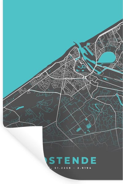Muurstickers - Sticker Folie - België – Oostende – Stadskaart – Kaart – Blauw – Plattegrond - 20x30 cm - Plakfolie - Muurstickers Kinderkamer - Zelfklevend Behang - Zelfklevend behangpapier - Stickerfolie