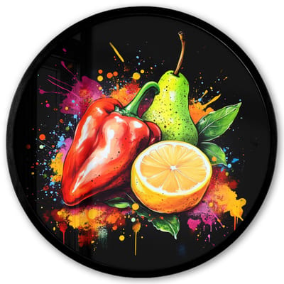 Poster in lijst Rond - Fotolijst 40x40 cm - Posters - Paprika - Peer - Citroen - Graffiti - Verf - Abstract - Ronde posterlijst zwart - Decoratie - Wanddecoratie woonkamer - Muurdecoratie slaapkamer