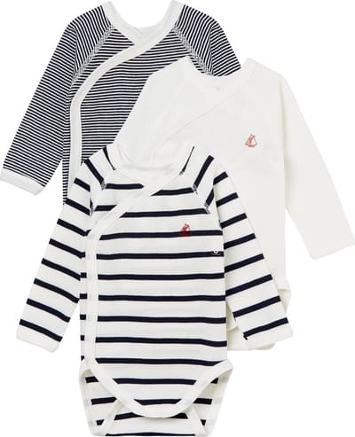 Petit Bateau Trio van babyrompertjes met lange mouwen Unisex Rompertje - Wit/Blauw + Blauw/Wit + Wit