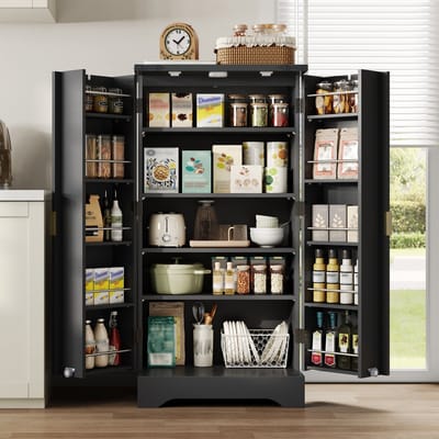 PHOEBE CAT Keukenkast - Dressoir - LED-verlichting - Dubbele deuren - Verstelbare planken - Zwart