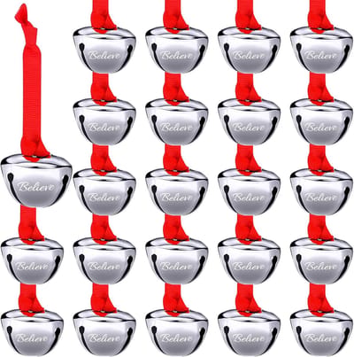 30 stuks Believe Bell-ornament voor kerstboom, sleebel met lint, kerstfeestdecoratie voor thuis, 1,5 inch (zilver)