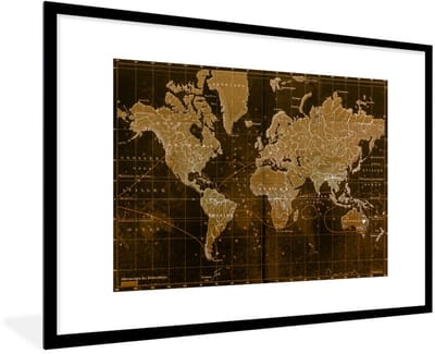 Poster in lijst - Fotolijst 120x80 cm - Posters - Klassieke wereldkaart in het bruin - Posterlijst zwart - Decoratie - Wanddecoratie woonkamer - Muurdecoratie slaapkamer