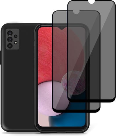 Hoesje geschikt voor Samsung A13 4G + 2x Privacy Screenprotector – Privé Gehard Glas Cover - Suède Case Zwart