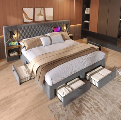MIVRAY Complete Slaapkamer 180x200 cm - Tweepersoonsbed Met 2 Nachtkastjes, 4 Lades, Leeslampen En USB Type C - Zonder Matras - Fluweel - Grijs