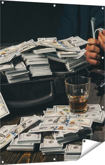 Gards Tuinposter Dollar Geld Briefjes op Tafel van de Maffia - 90x120 cm - Tuindoek - Tuindecoratie - Wanddecoratie buiten - Tuinschilderij