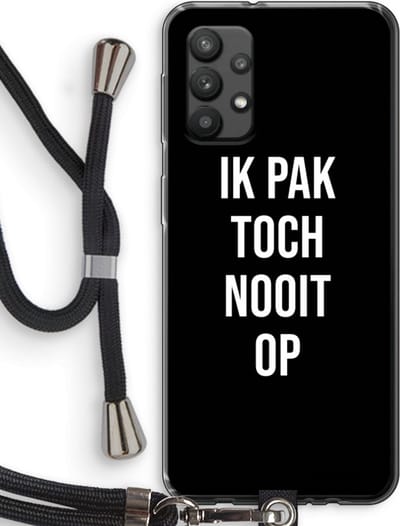 Case Company® - Hoesje met koord geschikt voor Samsung Galaxy A32 4G hoesje met Koord - Ik pak nooit op - Zwart - Telefoonhoesje met Zwart Koord - Bescherming aan alle Kanten en Over de Schermrand