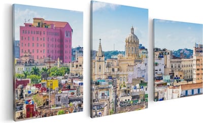 Artaza Canvas Schilderij Drieluik Havana Stad in Cuba - 120x60 - Foto Op Canvas - Canvas Print
