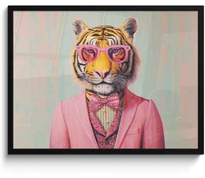 Poster in lijst - Fotolijst 70x50 cm - Posters - Tijger - Strik - Jasje - Roze - Posterlijst zwart - Decoratie - Wanddecoratie woonkamer - Muurdecoratie slaapkamer