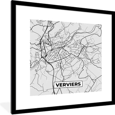 Fotolijst incl. Poster Zwart Wit- België – Verviers – Stadskaart – Kaart – Zwart Wit – Plattegrond - 40x40 cm - Posterlijst