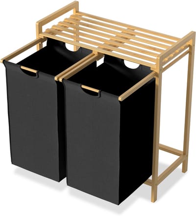 Wasmand van Oxford-weefsel, 2 x 36 liter, 2 vakken, afneembare wasverzamelaar met plank en bamboeframe, waszak, uittrekbaar, efficiënte wasopslag voor bijkeuken, zwart NAIZY
