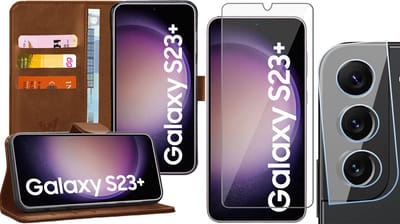 Hoesje geschikt voor Samsung Galaxy S23 Plus - Screenprotector GlassGuard & Camera Lens Screen Protector - Book Case Kunstleer Pasjeshouder Bruin