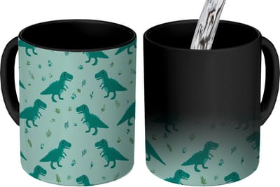 Magische Mok - Foto op Warmte Mokken - Koffiemok - Donkergroen - Dinosaurussen - Afdrukken - Bladeren - Magic Mok - Beker - 350 ML - Theemok
