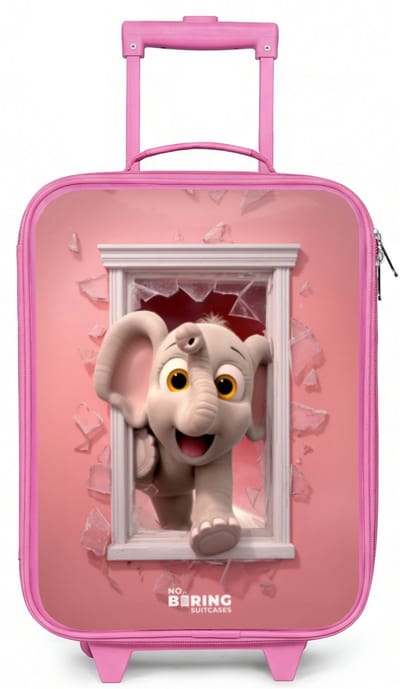 NoBoringSuitcases.com® - Kinderkoffer roze - Kindertrolley meisje - Olifant breekt door roze raam met glas - Koffer kind lichtgewicht - Reiskoffer trolley voor kinderen - Koffertje met lichtgevende wieltjes - Rolkoffer