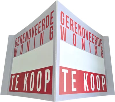 Raambord/ Immobord/ Bord | "Gerenoveerde woning te koop" | 140 x 50 cm | Kanaalplaat | Huis verkopen | V-bord | Polyprop | Inclusief sterke dubbelzijdige tape | Renovatie | 1 stuk