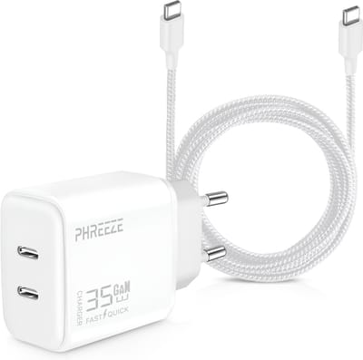 Usb C Kabel 3 Meter met 35w usb-C Oplader - 2 usbC Poorten - GaN Technologie Snellader