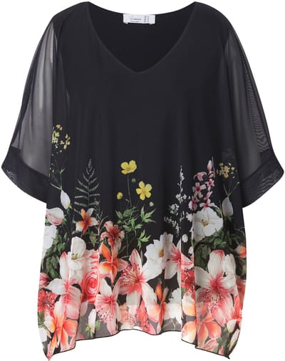 MIAMODA - Dames - Blouse oversized mesh randprint - Zwart - Maat 46+
