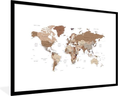 Poster in lijst - Fotolijst 90x60 cm - Posters - Wereldkaart - Simpel - Bruin - Posterlijst zwart - Decoratie - Wanddecoratie woonkamer - Muurdecoratie slaapkamer