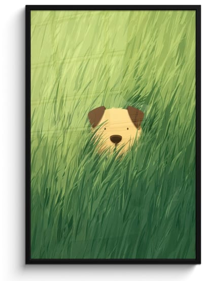Poster in lijst - Fotolijst 80x120 cm - Posters - Hondje - Gras - Oren - Bruin - Posterlijst zwart - Decoratie - Wanddecoratie woonkamer - Muurdecoratie slaapkamer - Kerstversiering - Kerstdecoratie voor binnen - Kerstmis