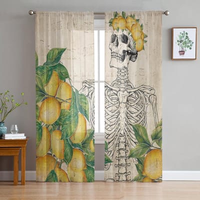 Schedel Vrucht Citroen Retro Transparante Gordijnen voor Woonkamer Decoratie Raamgordijnen voor Keuken Tule Voile Organza Gordijnen W135 x H115cm x1 gray