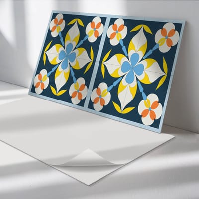 Wallfluent Vinyl Tegels - Achtergrond met Bloemenpatroon Zelfklevende PVC Tegels - 40 cm x 20 cm - Blauw Vinyl Tegels - 10 stuks - Rechthoek PVC Tegels - Patronen Plaktegels - Vinyl Vloer Tegels - Plaktegels Keuken en Badkamer