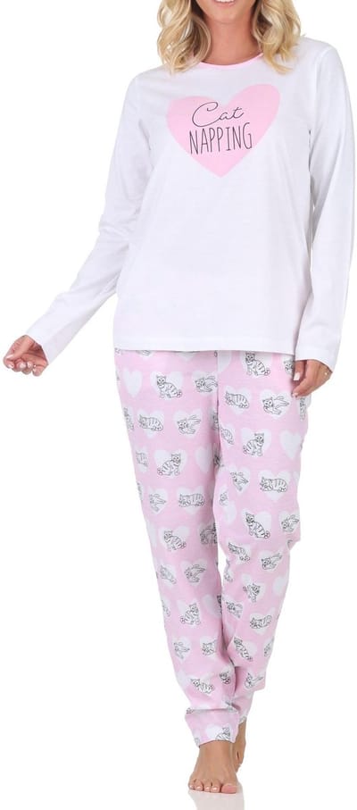 Normann dames pyjama met lange mouwen en hart- en kattenmotief