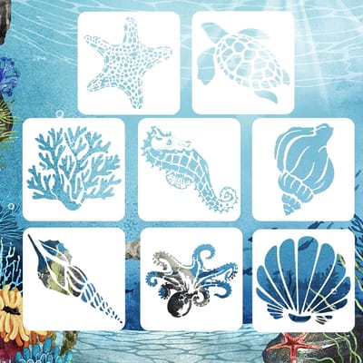 Dailygoods- Schilderen Sjablonen 8 Stuks - Herbruikbaar - PET Materiaal - Zeewezens - Draagbaar - 13 x 13 cm - Verf Sjablonen