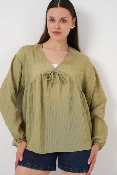 Gestructureerde Seersucker V-hals Blouse met Strik
