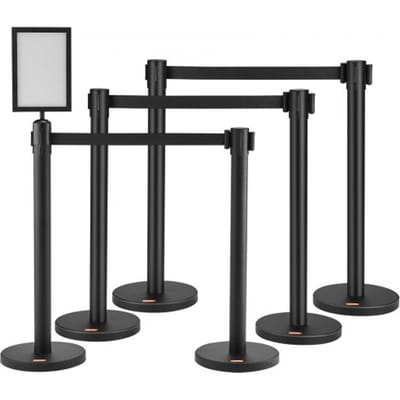 VEVOR Personengeleidingssysteem Afzetlint Afzetpalen, 6-delig, 2 m x 48 mm, zwarte oprolbare band, afzetpaal voor personengeleidingssysteem met borden voor luchthavens, beurzen, wedstrijdlocaties, enz.