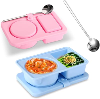 E-Ambar - Herbruikbare siliconen snackbakjes met deksels, 2 lepels en twee compartimenten - Ideaal voor picknick, reizen, kantoor - Voor fruit, yoghurt en jam