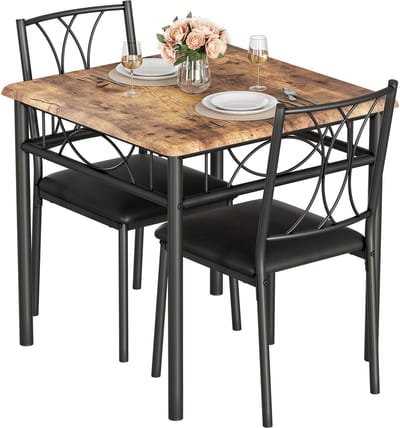 Eettafel Set - 74x74x76cm - Vierkante Tafel met 2 Kunstleer-Stoelen - Voor 2 Personen - Geschikt voor Woonkamer Eetkamer of Appartement - Bruin + Zwart