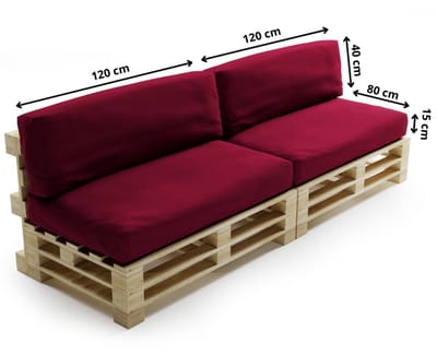 Bananair - Palletkussens 2x Set - Afneembare hoes - Waterbestendig - Tuinkussens voor Palletbank - 2x Zitkussen 120x80x15 cm & 2x Rugkussen 120x40x15 cm - Rode