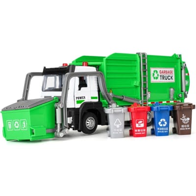 1/32 Vuilniswagen Auto Model Stad Vuilnis Sorteren Sanitaire Reinigingsvoertuig Auto Model Geluid En Licht Kinder Speelgoed Cadeau green