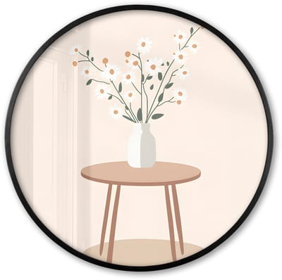 Poster in lijst Rond - Fotolijst 60x60 cm - Posters - Vaas - Bloemen - Madeliefjes - Beige - Ronde posterlijst zwart - Decoratie - Wanddecoratie woonkamer - Muurdecoratie slaapkamer