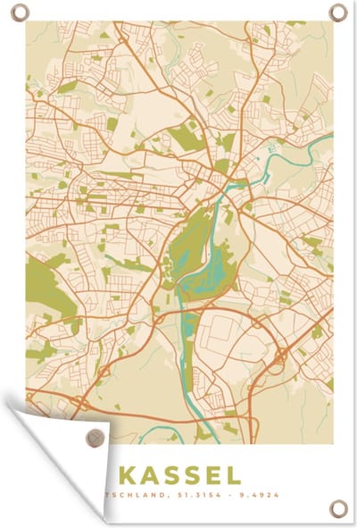 Muurdecoratie Plattegrond - Kaart - Kassel - Vintage - Stadskaart - 120x180 cm - Tuinposter - Tuindoek