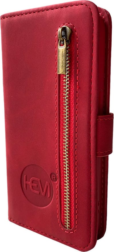 HEM Silky Red Hoesje Geschikt Voor iPhone 14 Plus – Luxe Bookcase Met Rits En Pasjeshouder – Rood Telefoonhoesje