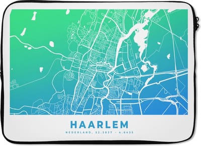 Laptophoes 14 inch - Stadskaart - Haarlem - Groen - Blauw - Laptop sleeve - Binnenmaat 33x23 cm - Zwarte achterkant