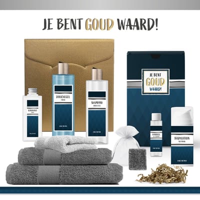 Geschenkset "Je bent goud waard!" - 9 Producten - 1275 Gram | Luxe Cadeaubox voor hem - Wellness Pakket Man - Gift Speciaal voor hem - Giftset Douchegel - Handdoeken - Cadeaupakket Verjaardag - Vaderdag - Cadeau Pakket - Collega Vriend Vader - Blauw