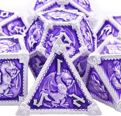 Metalen DND Dobbelstenen - RPG Dobbelstenen Set - Tafelspellen Spelen - Draak Ontwerp Thema - 7 Stuks - Violet met Zilver