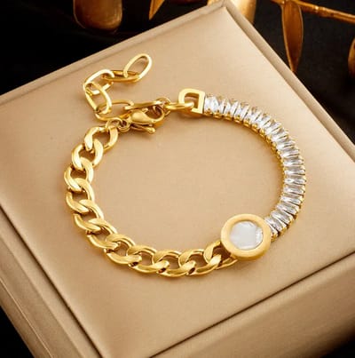 Schitter in Stijl Goudkleurige Vergulde Roestvrijstalen Tennis Armband 17+5cm met Romeinse Cijfers en Strass - Het Ultieme Geschenk voor Valentijnsdag, Moederdag, Verjaardagen en Kerst!