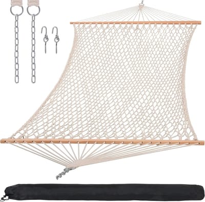 Dubbelformaat Hangmat met Houten Steun en Draagtas - Natuurkleur - Capaciteit tot 204 kg