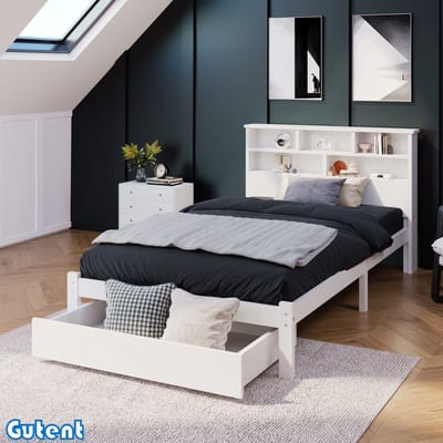 Gutent Massief houten Tweepersoonsbed - met laden - Lattenbodem - 90x200 cm - Wit - Geen matras