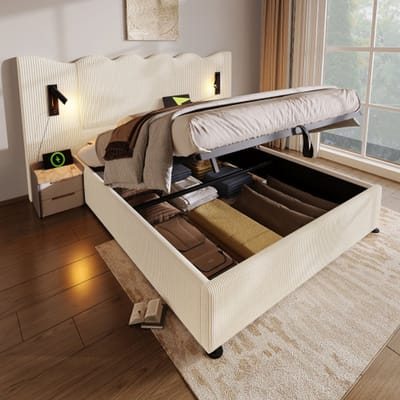 Gutent-Gestoffeerd tweepersoonsbed 180x200 cm met opbergbed-bedframe met lattenbodem-beige-wit-corduroy stof (zonder matras)